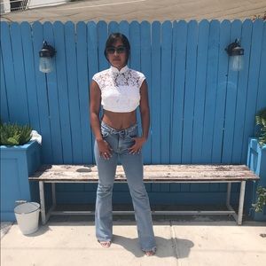 White lace open back cropped top